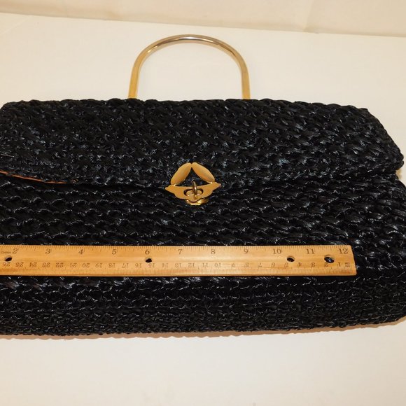 Made In Italy Woven Black Handbag 100% Visca With Gold Tone Handle Vintage - Picture 6 of 12